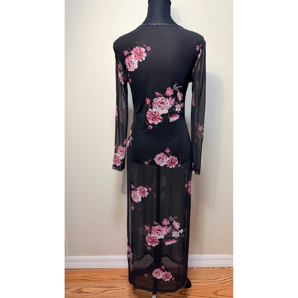 Whimsygoth Floral Mesh Overlay Maxi Dress Size 6 Long Sleeve Romantic Dark Fairy